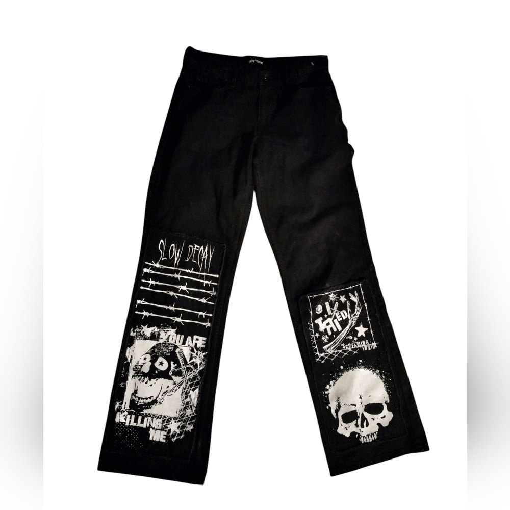 Black Punk Patch Wide Leg Denim Pants